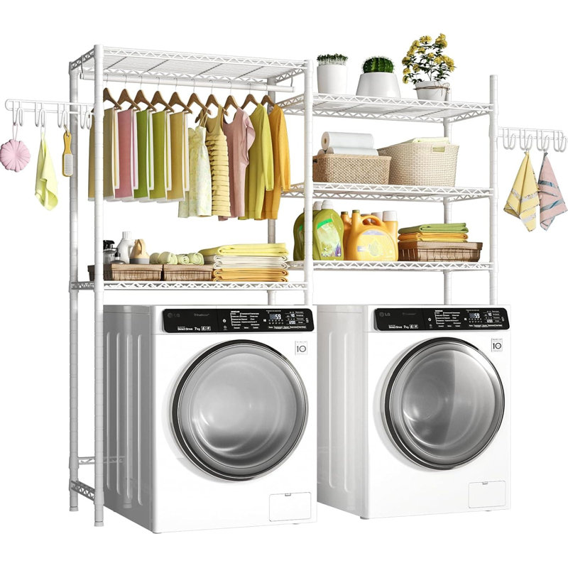 Séchoir à vêtements robuste à 5 niveaux, organisateur de rangement pour salle de lavage avec laveuse et sécheuse avec tablettes réglables, conception peu encombrante pour une organisation à domicile améliorée