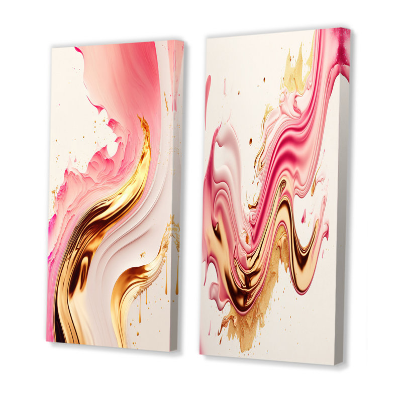 «Bold Pink and Gold Flow III», 2 pièces sur toile, Toile tendue, H 20 po x l 24 po