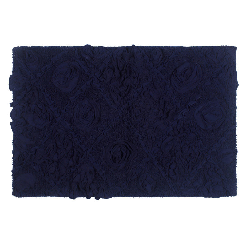 Schoenberger Floral Design Cotton Bath Rug, 34" L x 21" W, Navy