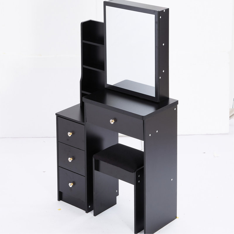 Petit meuble-lavabo avec tabouret rembourré, miroir coulissant massif, rangement multi-couches, commode noire pour table à espaces restreints, très grand miroir et chaise, chambres de rangement multicouches, noir,