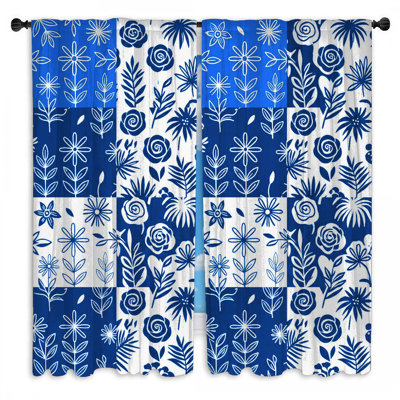 Blue White Floral Pattern Window Curtains Floral Sheer  - 2 Panels