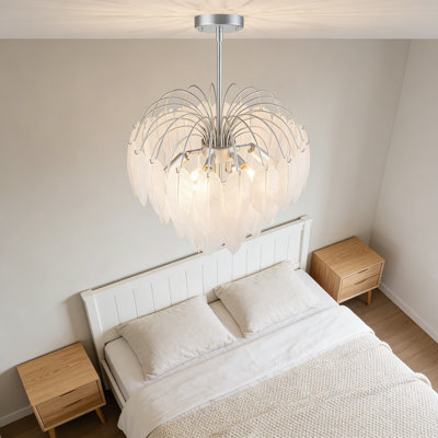 Lustre moderne à 8 lumières avec abat-jour en verre givré en plumes, luminaire suspendu à hauteur réglable pour la salle à manger et le salon, cadre à finition argentée