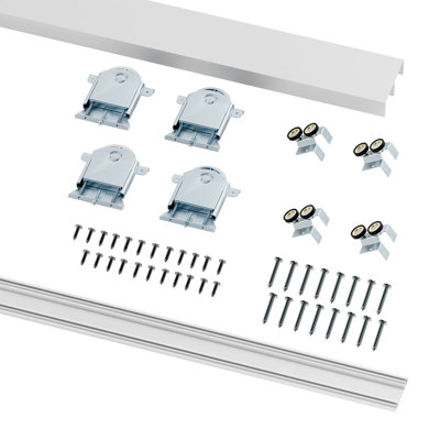 Porte de placard coulissante avec panneaux en bois blanc et miroir, design personnalisable à 4 panneaux, rail et quincaillerie inclus