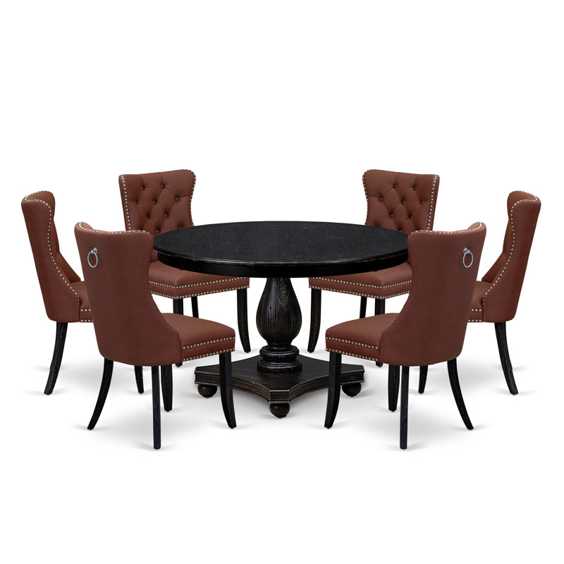 7 Piece Dining Table Set Contains a 48" Round Table with Pedestal and 6 Burgundy Polyester Fabric Upholstered Chairs, Sand Blasted Black