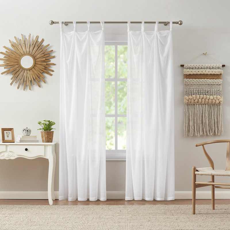 White Sheer Polyester Tab Top Window Curtain Panel, 87" Length