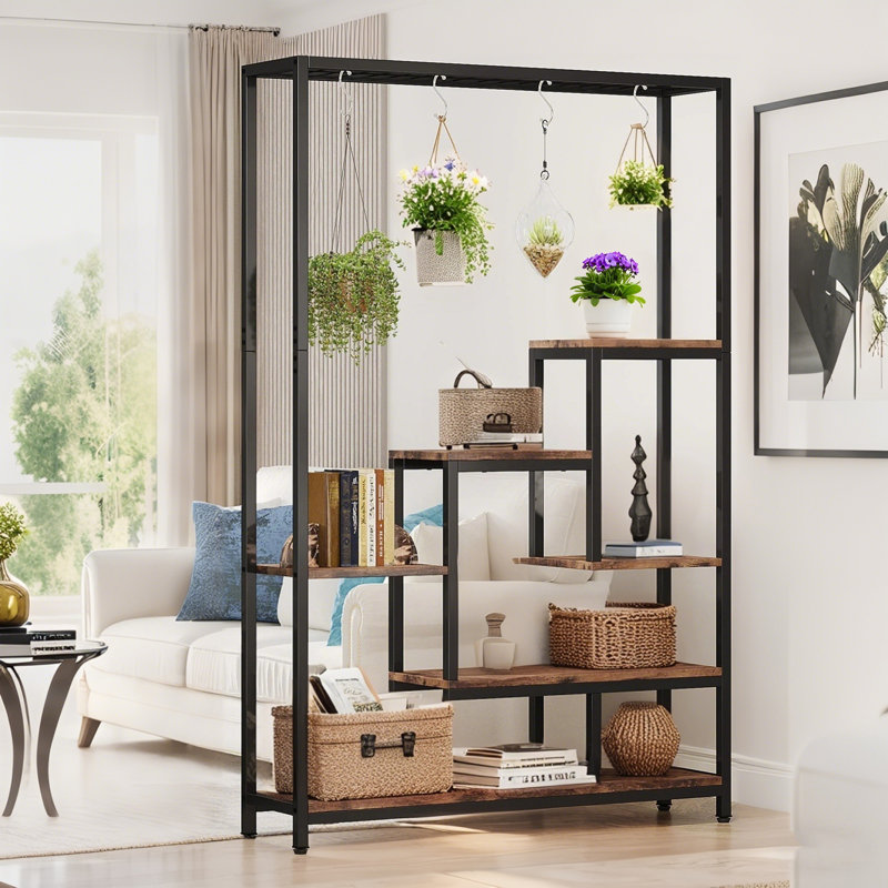 Support à plante 70,9 ", grande tablette à fleurs multi-usages avec 6 crochets de suspension, Brun