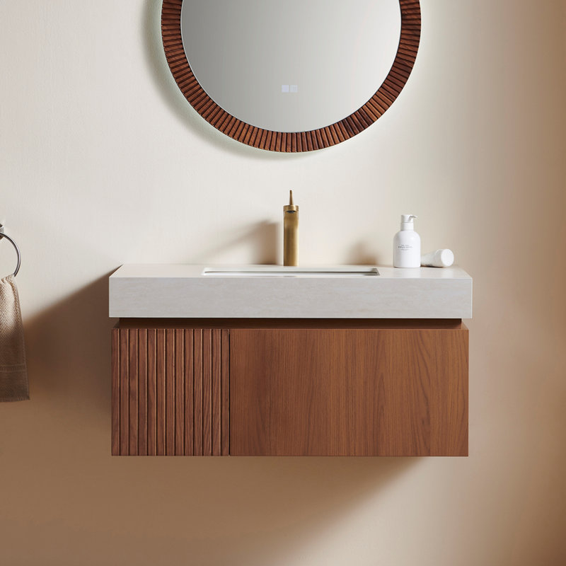 Plywood and Solid Wood Single Bathroom Vanity, Brown Oak, 36", Roma Travertine