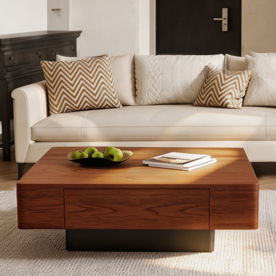 40'' Square Wooden Coffee Table with 2-Drawer Modern Farmhouse Living Room Table