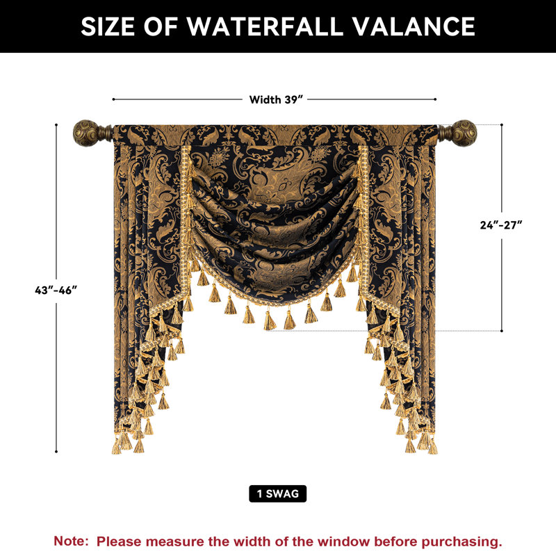Classic Swag Valance with Tassels, Black Damask Waterfall Valance,  Window Treatment 1 Panel, 39" W x 45" L