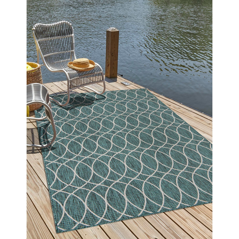 Teal Gitter Indoor/Outdoor Trellis Rug, Rectangle 7'10" x 11'