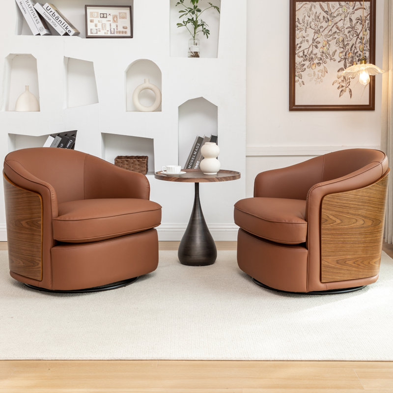 Wooden Vegan Leather Upholstered  Armchairs  Swivel Barrel Chairs (Set Of 2), Deep Brown