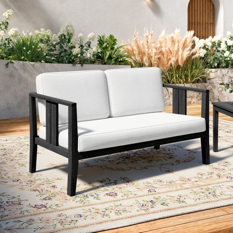Solid Wood Teak Outdoor Loveseat With Cushion And Arms, Black, Beige