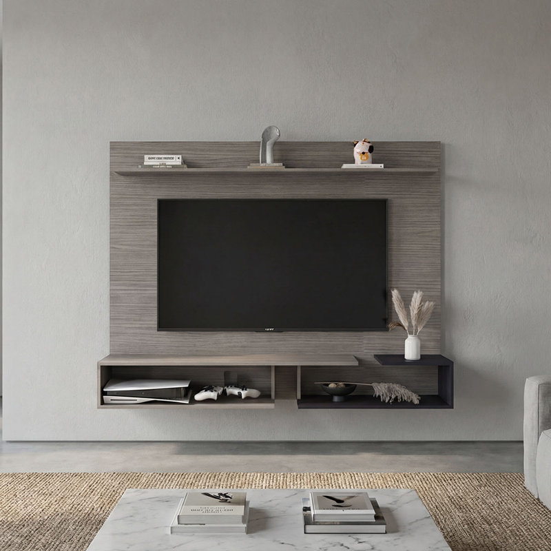 Panneau de télévision flottant 65 "Aurevon - Meuble audio-vidéo moderne avec tablettes de rangement, Gris