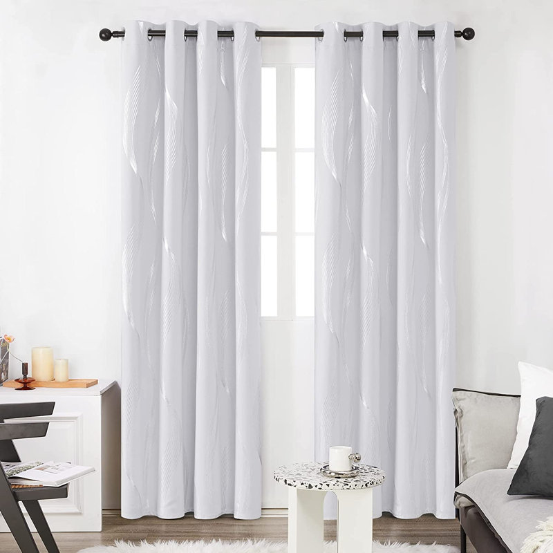 Marlow Home Co. Decorative Silver Wave Line Foil Printedout Curtains Thermal Insulated Curtains Eyelet Curtains For Baby Nursery 2 Panels