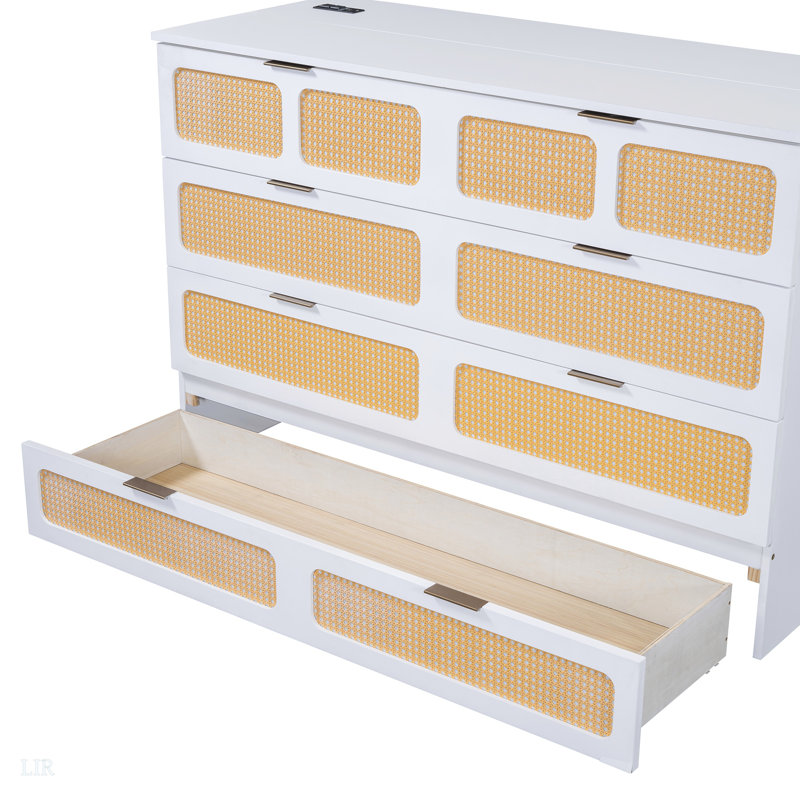 Drawer Murphy Bed Cabinet With Outlets, Queen, White/Natural