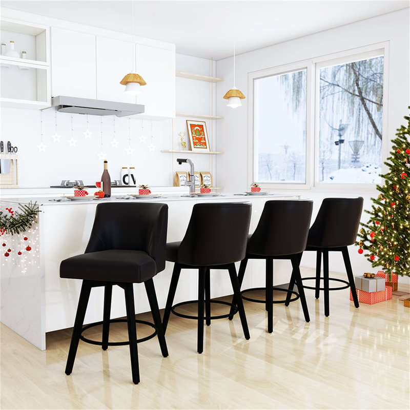 Tabourets de comptoir pivotants avec cadre en bois massif George Oliver Loriell, Black, 4