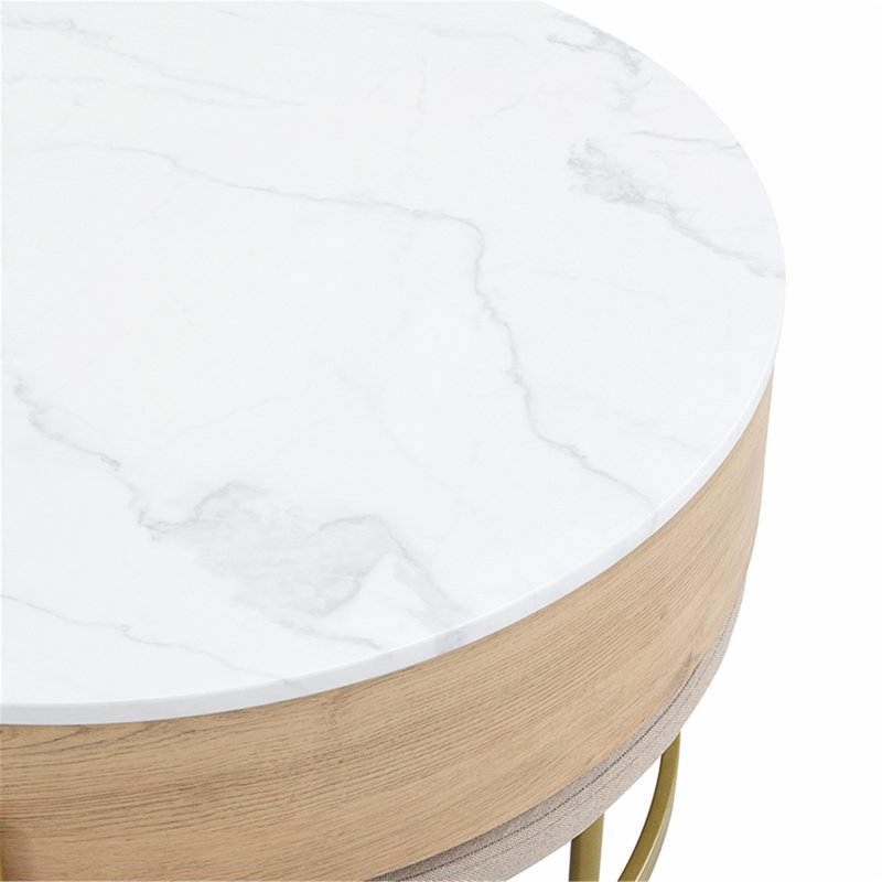 Table basse moderne à plateau relevable avec rangement et trois repose-pieds, offrant une polyvalence fonctionnelle pour les espaces de vie contemporains