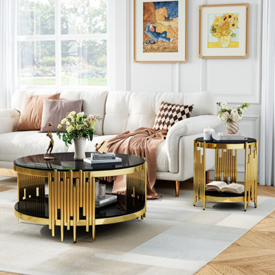 2-Piece Round Glass Coffee Table And End Table Set, Two-Tier Tempered Glass Top, Irregular Cylindrical Stainless Steel Pipe Frame