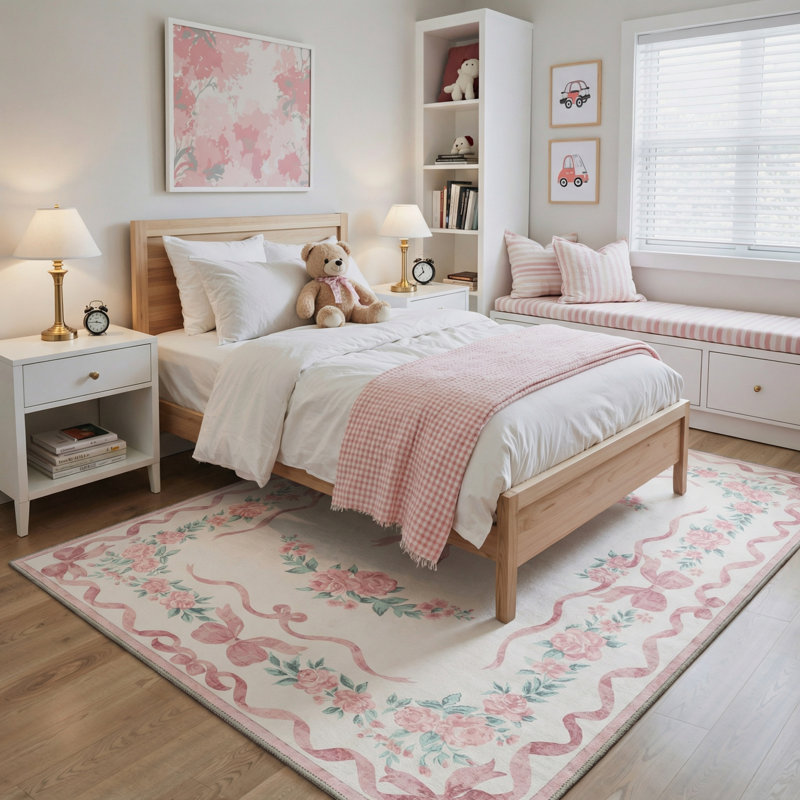 Atascadero Romantic Vintage Floral & Bow Border Kids Area Rug, Machine Washable, Inspired Faux Wool - High-Rebound Foam & Non-Slip Backing