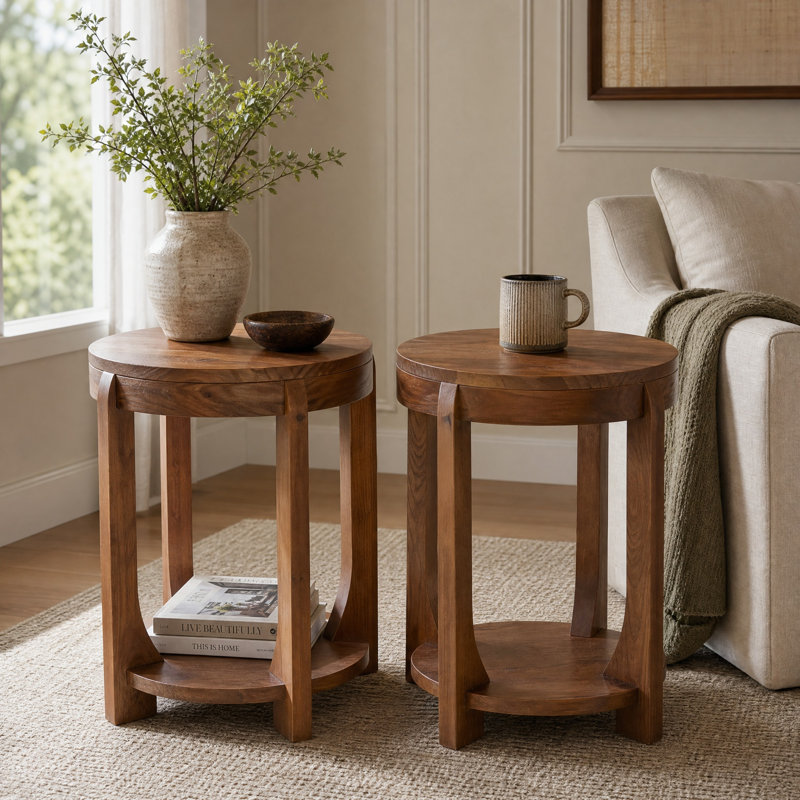 Table de bout ronde en bois massif, table d'appoint 19,7 po avec tablette de rangement inférieure, 2