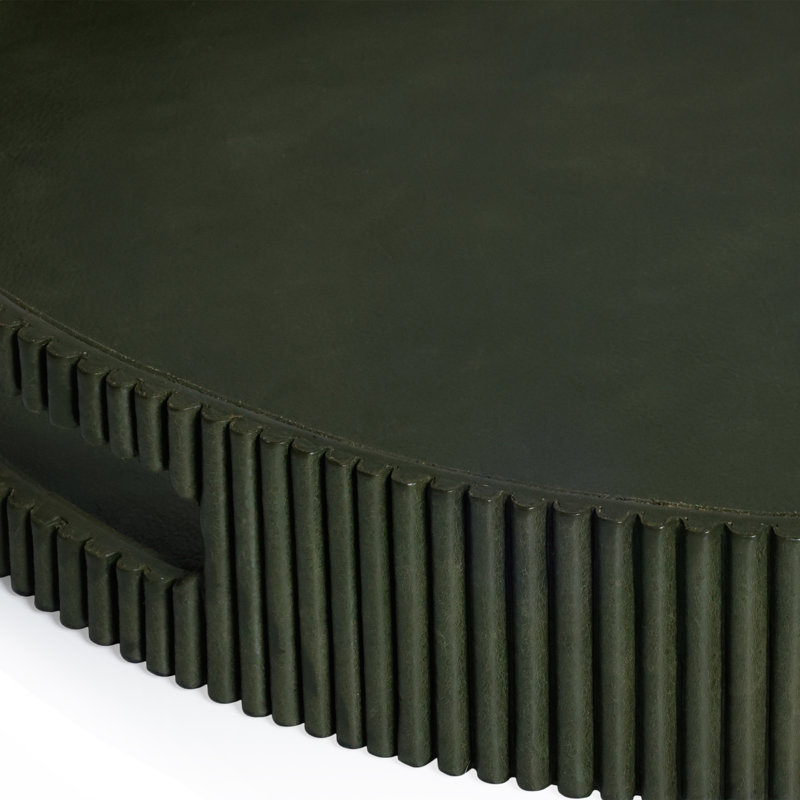 Plateau rond en cuir vert cannelé, L 20 po x P 20 po x H 2,5 po