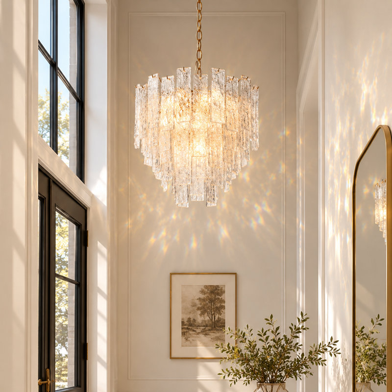 Lustre Kethe à 8 lumières, intensité variable, couleur or glamour, avec verre texturé à la main