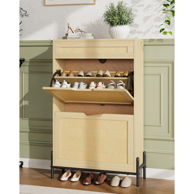 Armoire à chaussures en rotin avec 3 tiroirs et tablettes réglables, étagère à chaussures en bois à 3 niveaux pour le hall d'entrée
