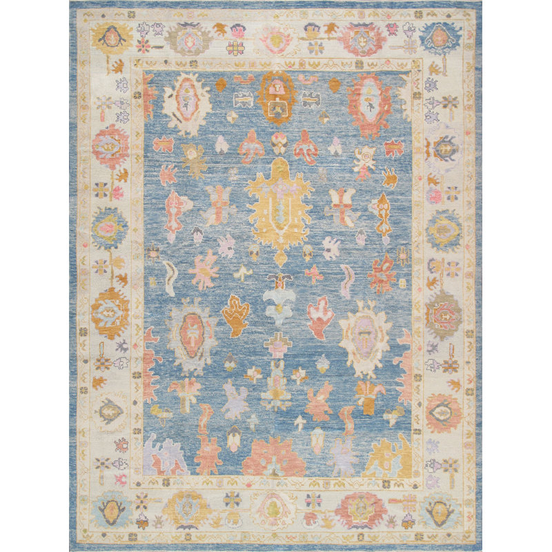 Handmade Light Blue Wool Oriental Rectangular Area Rug