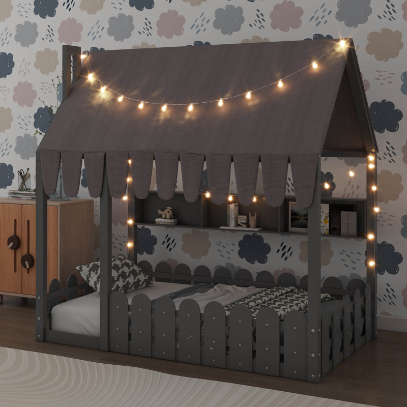 Lit pour enfants de style Montessori, avec barrière de sécurité, auvent, éclairage et trois compartiments de rangement, Twin