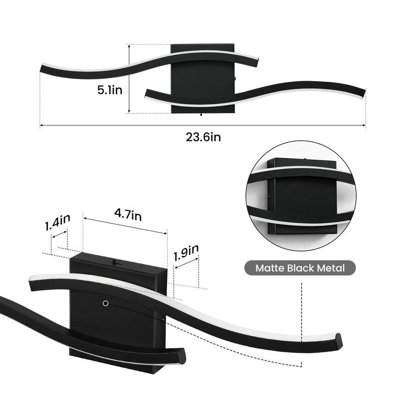 24" LED Bath Bar Dimmable 5CCT Bathroom Vanity Lighting, Matte Black, 5.1" H x 23.6" W x 1.9" D