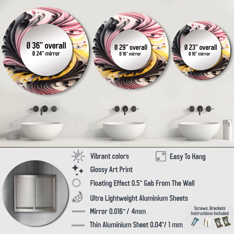 Stalder Multi-Color Paint Swirl I - Abstract Spirals Mirror, Modern Round Decorative Wall Mirror, Printed Metal Art