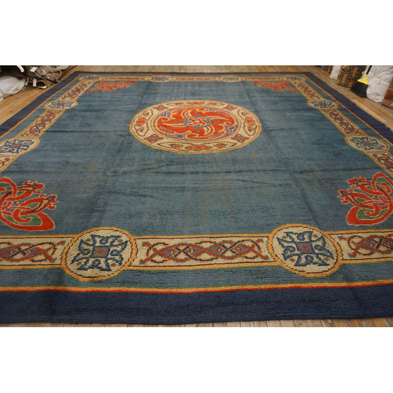 Tapis bleu antique en laine de taille artisanale Donegal