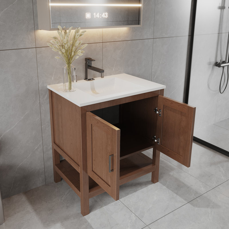 30" Freestanding Bathroom Vanity with Open Shelf, Solid Wood Premium Grade, Sink Base with Top, Natural