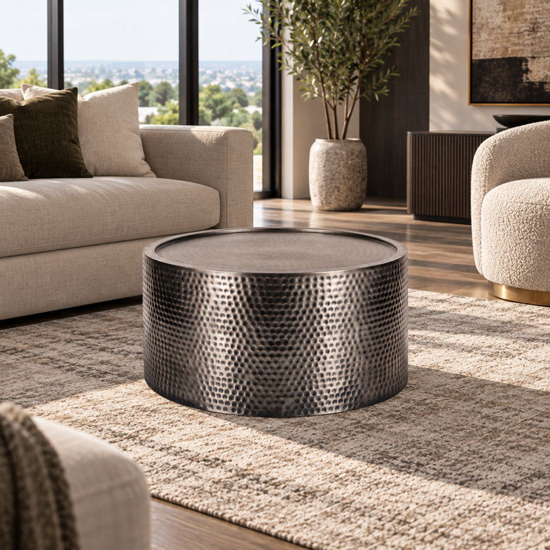 Table basse ronde avec finition nickel antique et design en fer martelé, Argent