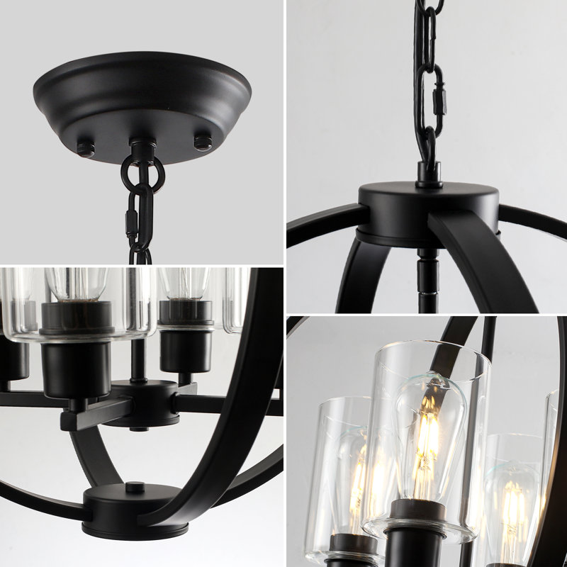 4 - Light Dimmable Globe Lantern  Farmhouse / Country Glass Shaded Chandelier, Matte Black