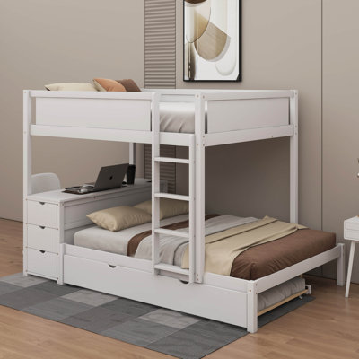 Bunk Bed With Twin Size Trundle, 2 USB Ports And Two Three-Holes Plugs, Wood Bed Frame With Desk, Guardrails