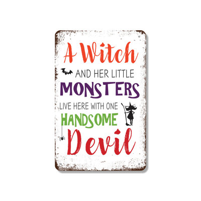 A Witch And Her Little Monsters Vintage Style 10 Inch x 14 Inch Aluminum Sign