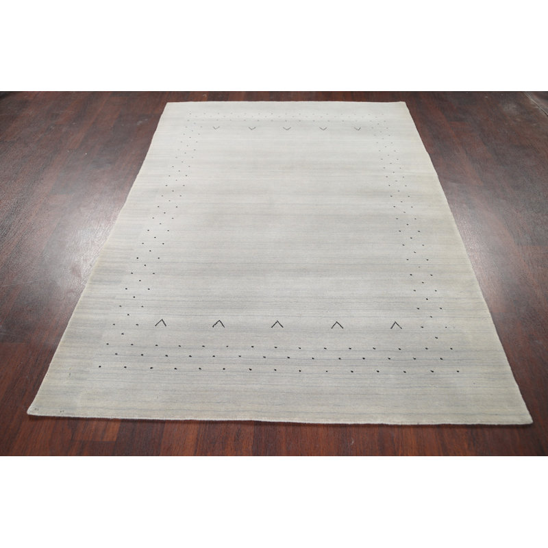 Tapis décoratif gris en laine de conception unique 4 pi 7 po x 6 pi 4 po noué à la main New Age