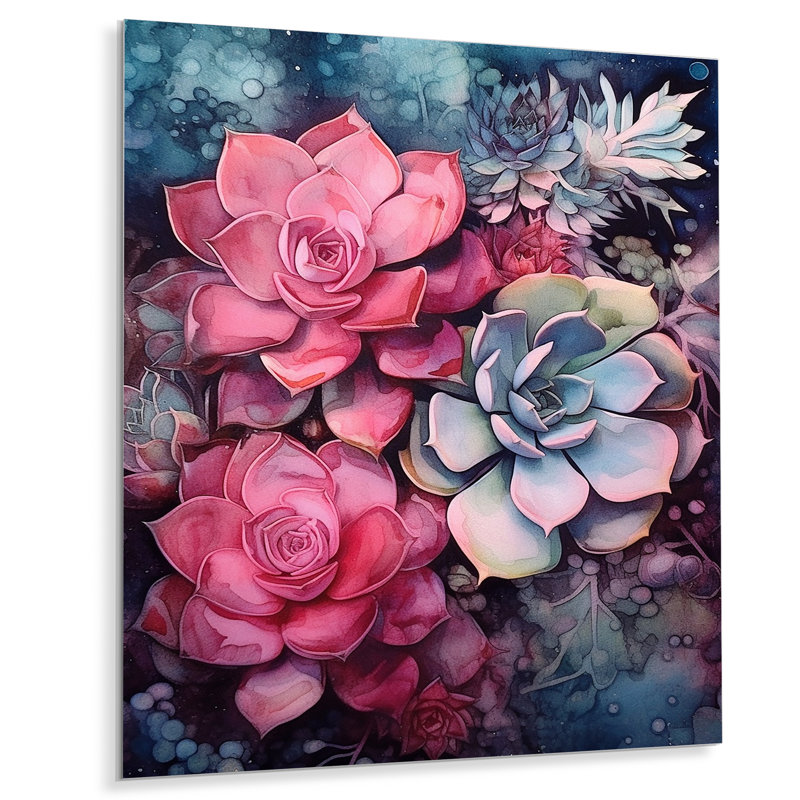 Rose sarcelle succulente résilience - décoration murale florale en métal, H 32 po x l 16 po x P 1 po