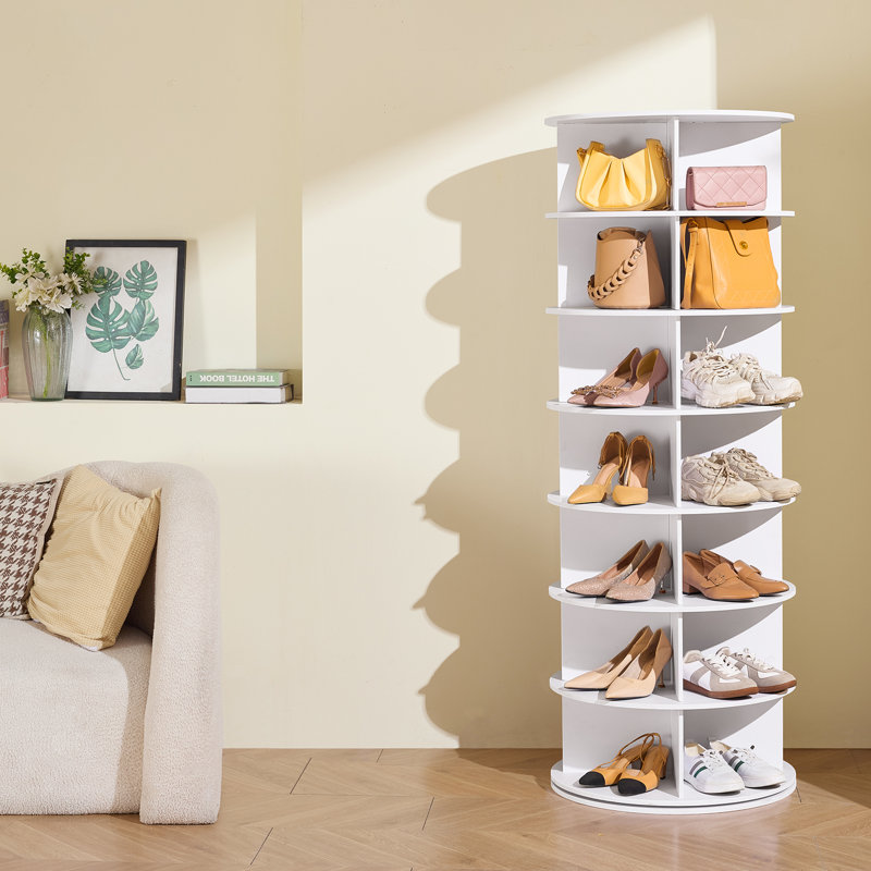 7 Tiers Rotating Shoe Rack Tower, 360°Spinning Shoe Display, Revolving Shoe Rack Storage Round Carousel, Lazy Susan Shoe Rack Organizer, Ideal for Bedroom, Living Room, Entryway, White