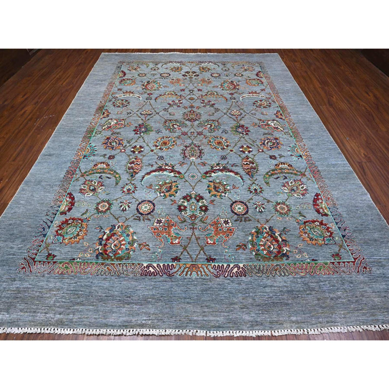 Tapis oriental gris en laine noué à la main 8 pi 10 po x 11 pi 11 po Sultani Tebraz Shah Abbas