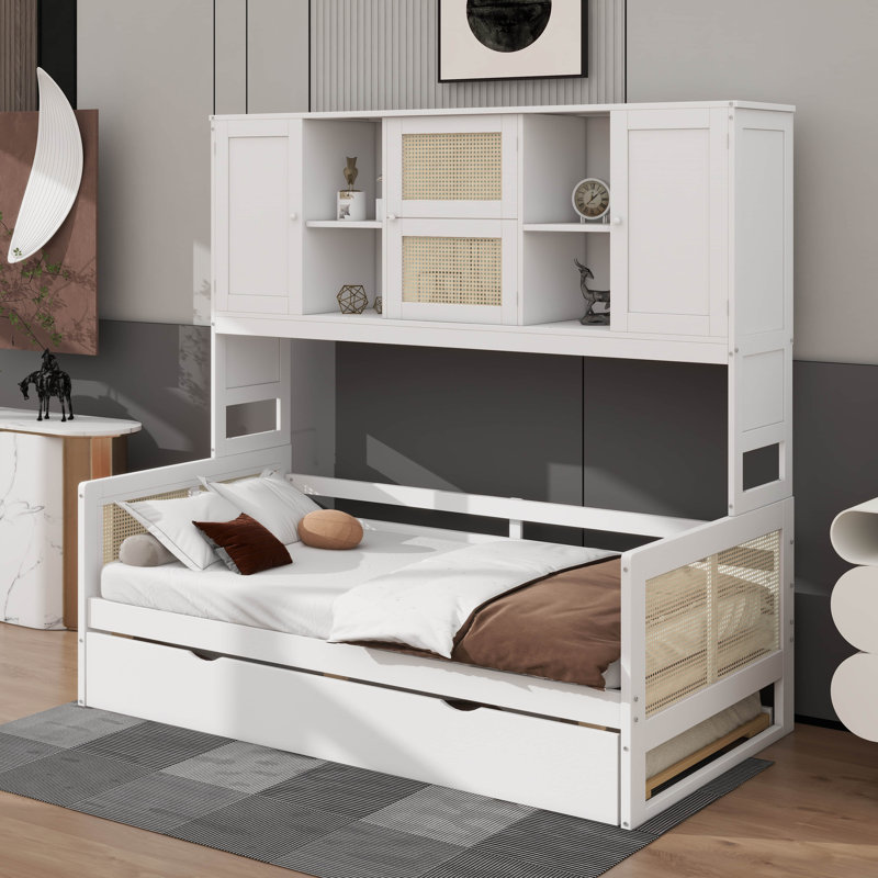Lit de jour en bois avec couchette coulissante et armoire intégrée, Lit simple, Blanc