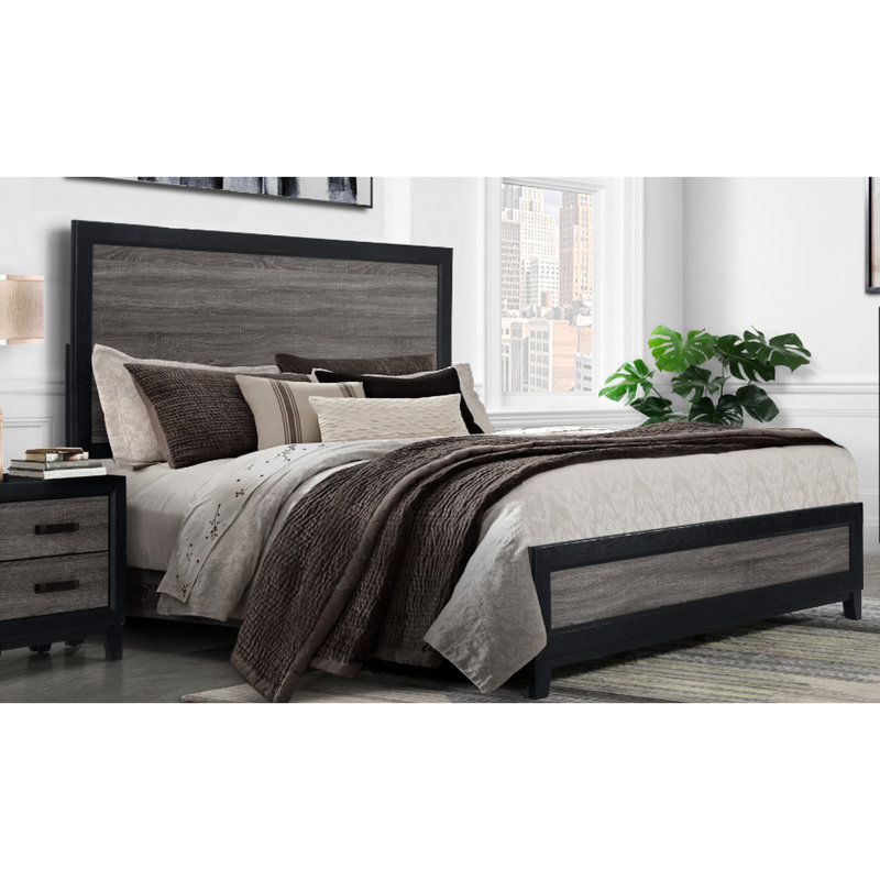 Grand lit gris foncé et noir, composé de bois massif, incrustation de bois rustique, 82,38 po P, l 64,19 po, H 58,95 po, lit noir 81,19 lb, avec profondeur, largeur, hauteur, masse