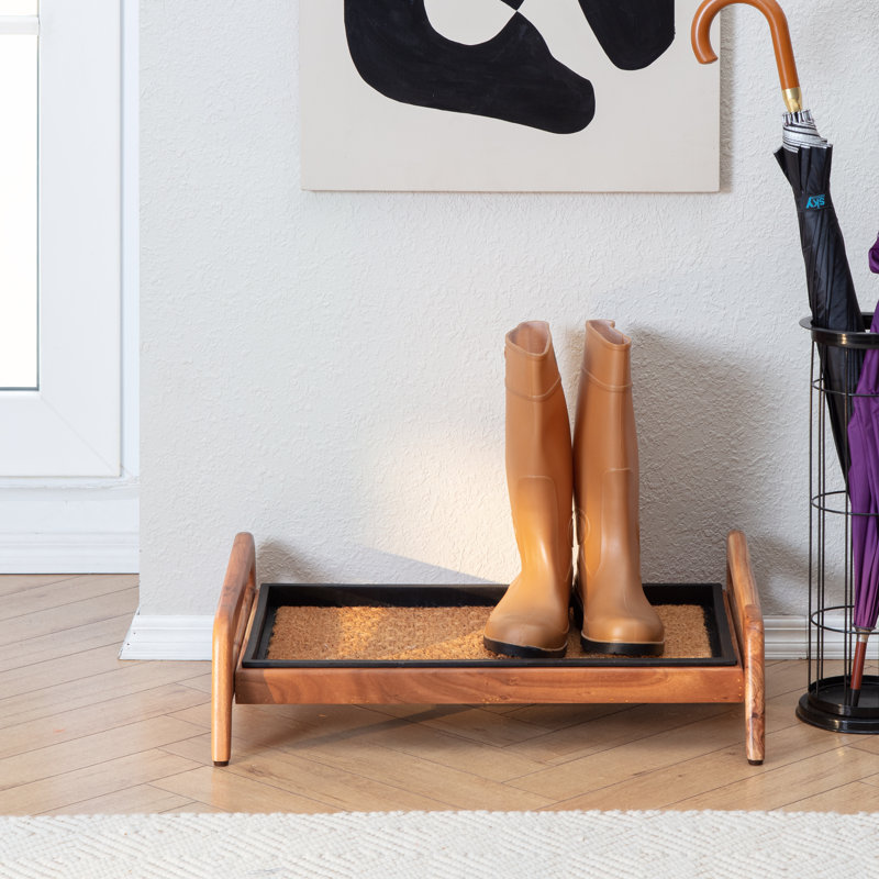 Premium Solid Wood Boot Tray Stand with Natural Coir Mat - Entryway & Mudroom Shoe Organizer, 18.5" W x 26.5" L, Natural