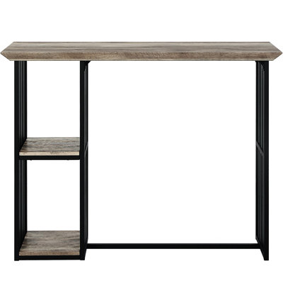 Table industrielle à hauteur de comptoir industrielle - 2 tablettes, présentation en chêne et noir sableux avec base en chêne