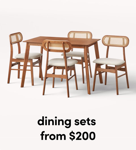 Wooden dining table with matching chairs.