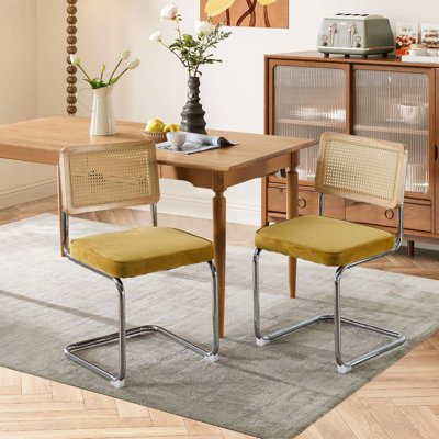 Modern Velvet Dining Chairs Set Of 2, Rattan Back & Chrome Base,Oliver Green by George Oliver