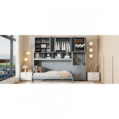 Lit escamotable simple simple avec placard, tiroirs et bureau - gris