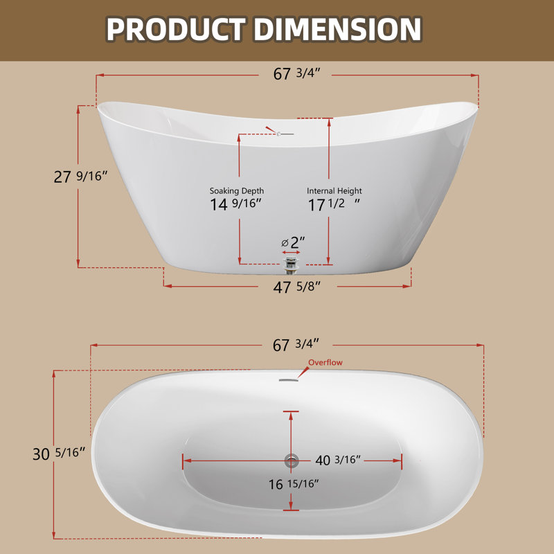 Acrylic Bathtub 68'' Freestanding Double Slipper Stand Alone Soaking Tub with Center Drain in Glossy White