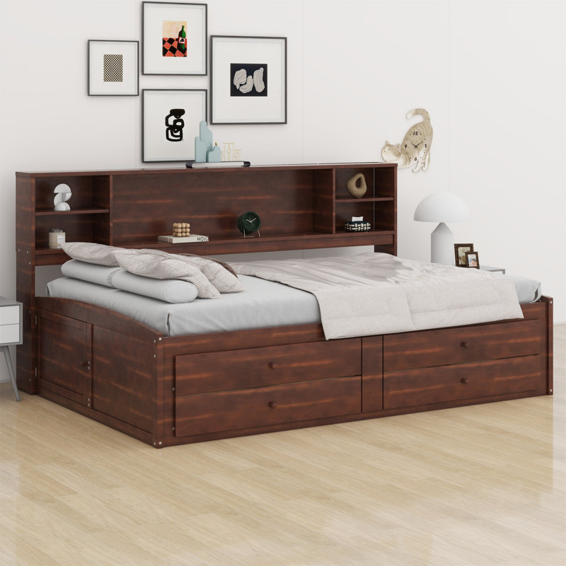Wooden Captain Bed With Built-In Storage Shelves,Drawers And Cabinets